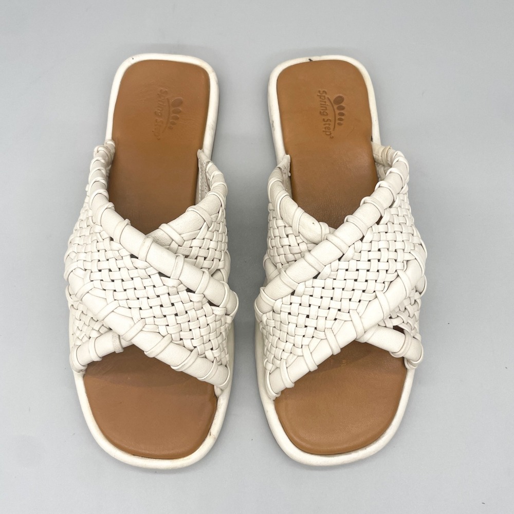 Spring Step Womens 39 8.5 White Woven Leather Crisscross Slide Sandals Boho Flat